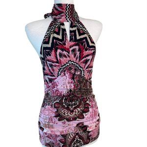 Bisou Bisou pink and black patterned halter top Medium